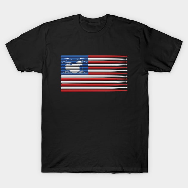 American Drummer Flag with Drum Kit and Drum Sticks T-Shirt by hobrath